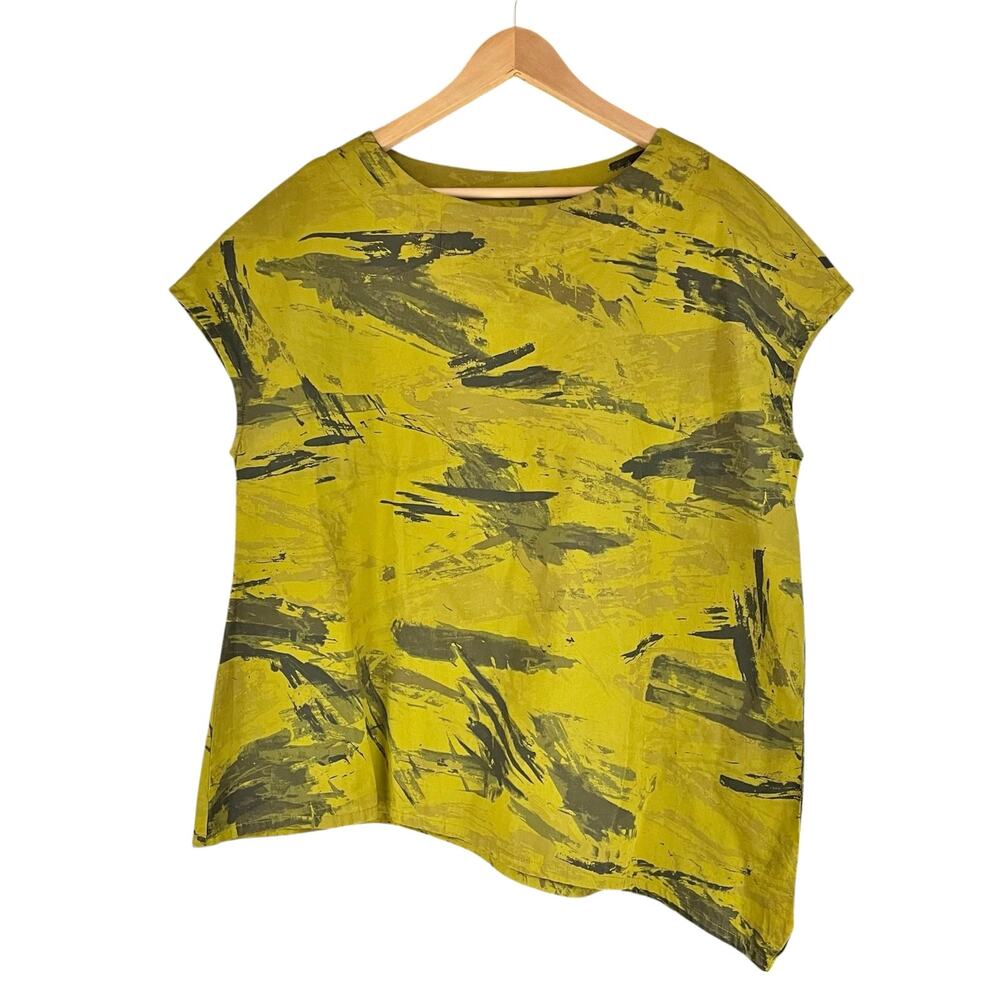 BRYN WALKER Cotton Asymmetric Hem Olive Green Brushstroke Lagenlook Top Size M
